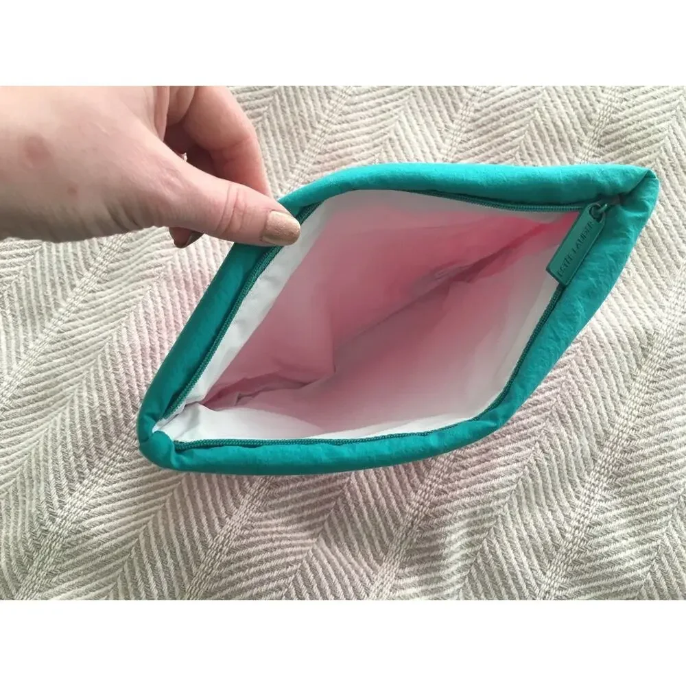 Zipper Pouch Bag Vintage Estee Lauder Hot Pink Teal Cuffed Plastic Lined 1980s